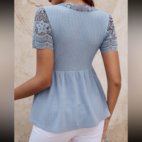 034  Boho Floral Lace Light waffle Knit Top - Picture 4 of 12